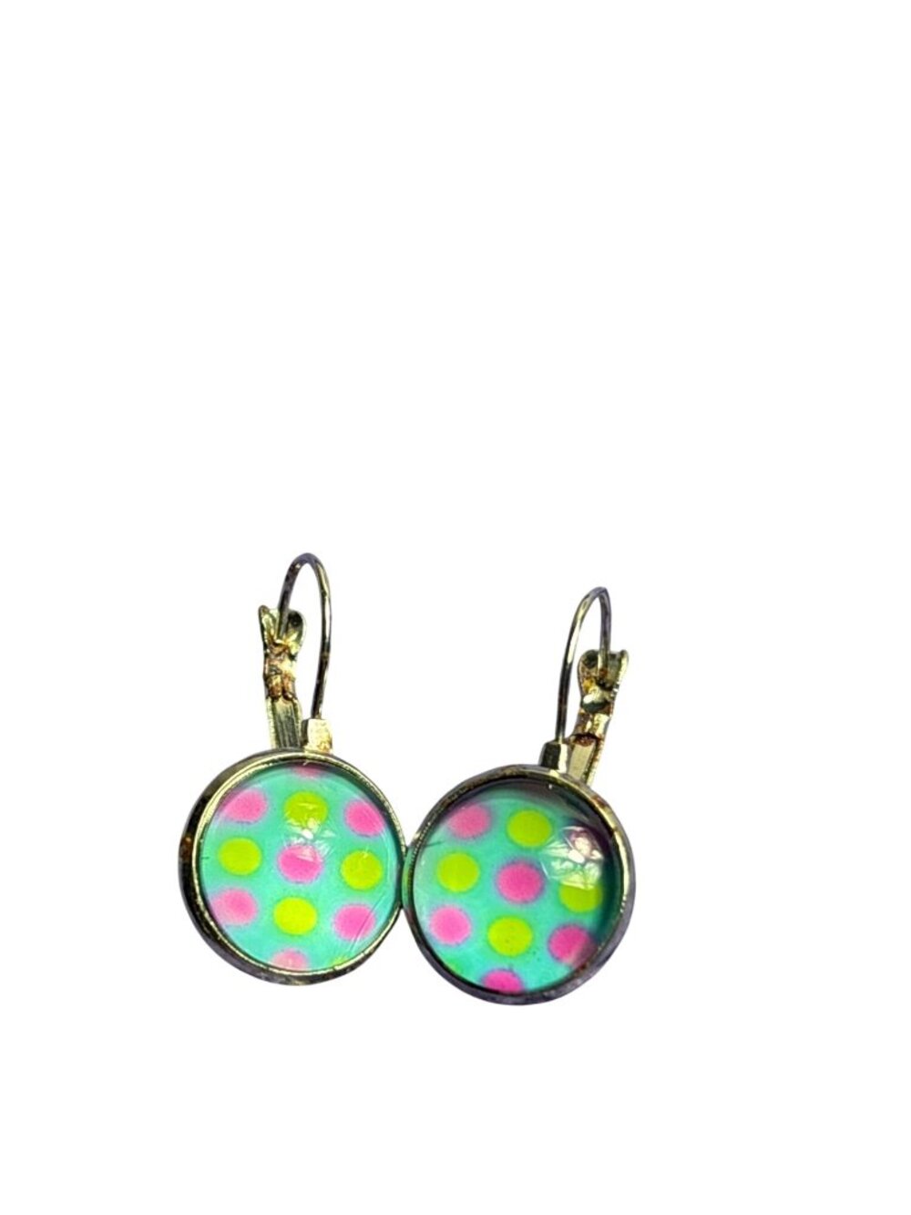 Silvertone Leverback Earrings Circle Glass Dome Polka Dots Colorful 5/8 inch